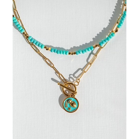 Zodiac Pendant Necklace Waterproof Gold Toggle Clasp Turquoise pendant Necklace - Picture 16 of 16